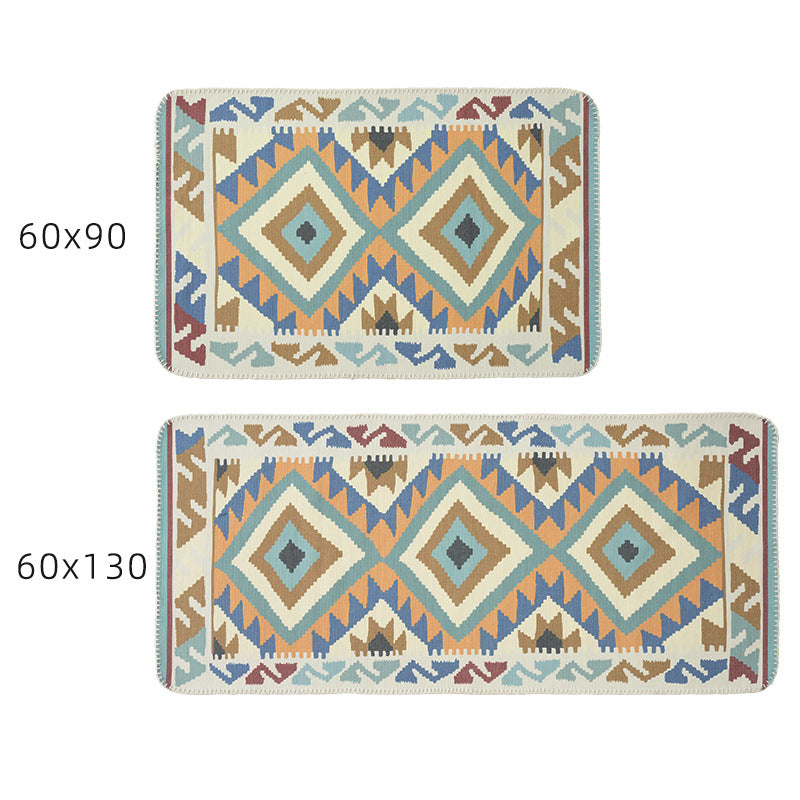 Woven runner rug in ethnic kilim pattern with flat weave structure and non-slip backing