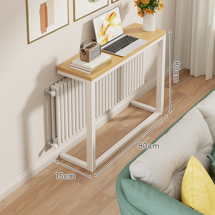 Slim Narrow Console Table with White Metal Frame and Wood-Grain Top