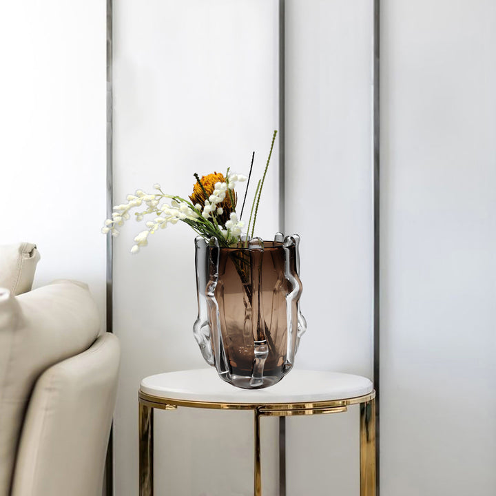 Organic Drip-Edge Cylindrical Art Glass Vase with Applied Clear Ribs