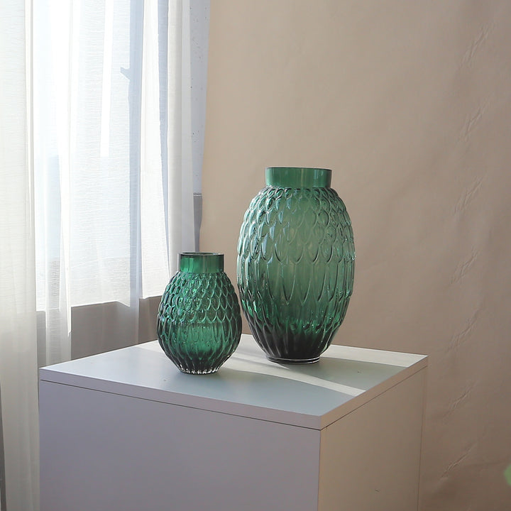 Hand-Blown Textured Glass Tabletop Vase with Scalloped Oval Motif