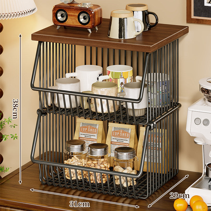 Four-Tier Industrial Wire Basket Cart with Wood Top and Swivel Locking Casters