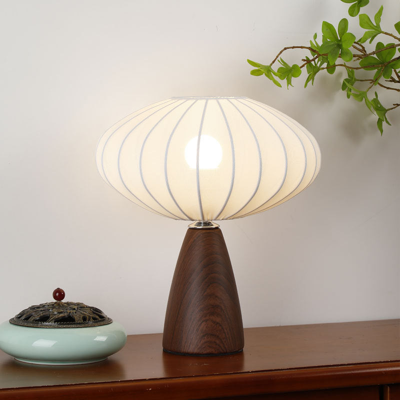Mid-Century Wood Grain Cone Base Mushroom Fabric Table Lamp
