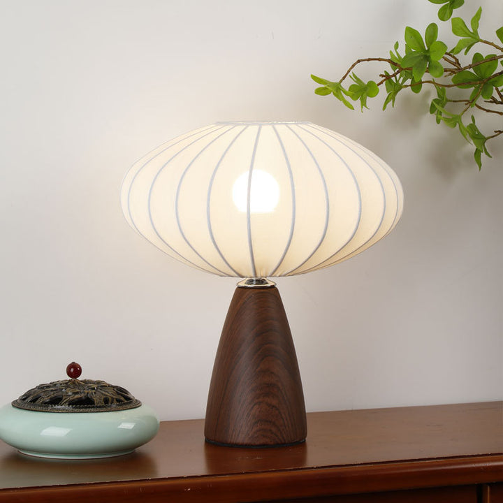 Mid-Century Wood Grain Cone Base Mushroom Fabric Table Lamp