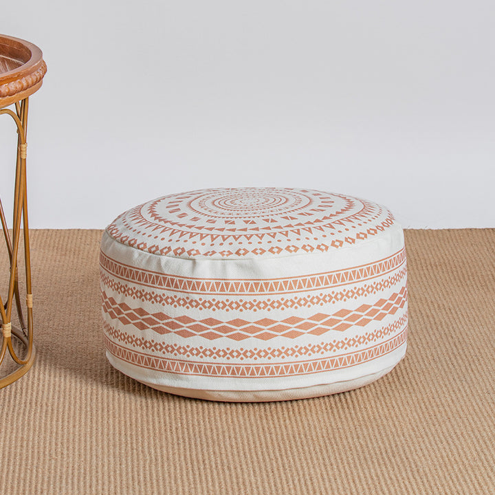Beef padded seat pouf with ethnic jacquard pattern and sturdy canvas cover