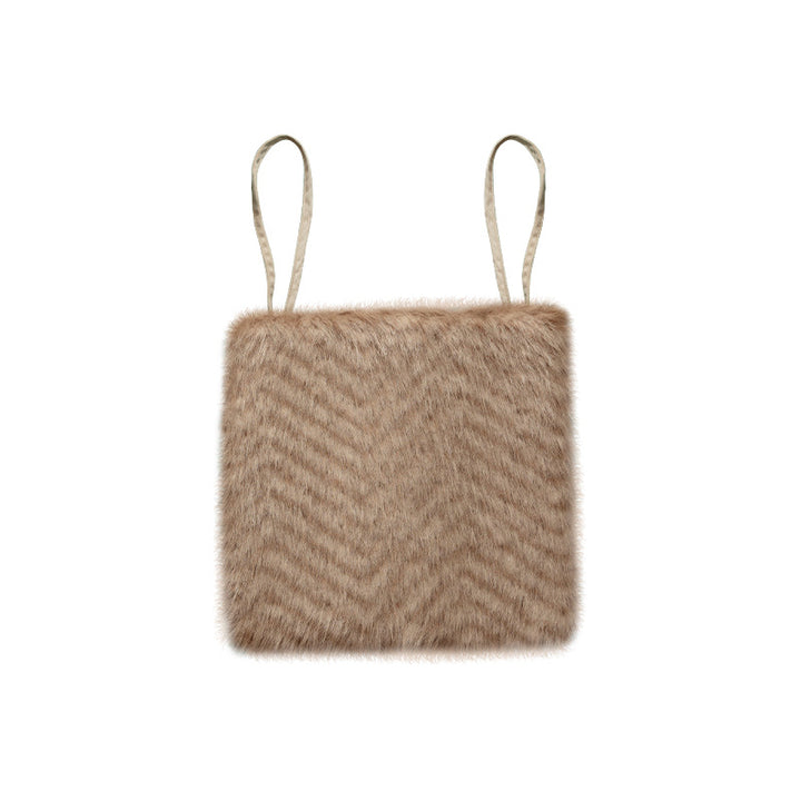 Square chair cushion made of cozy artificial fur with non-slip base and strap attachment