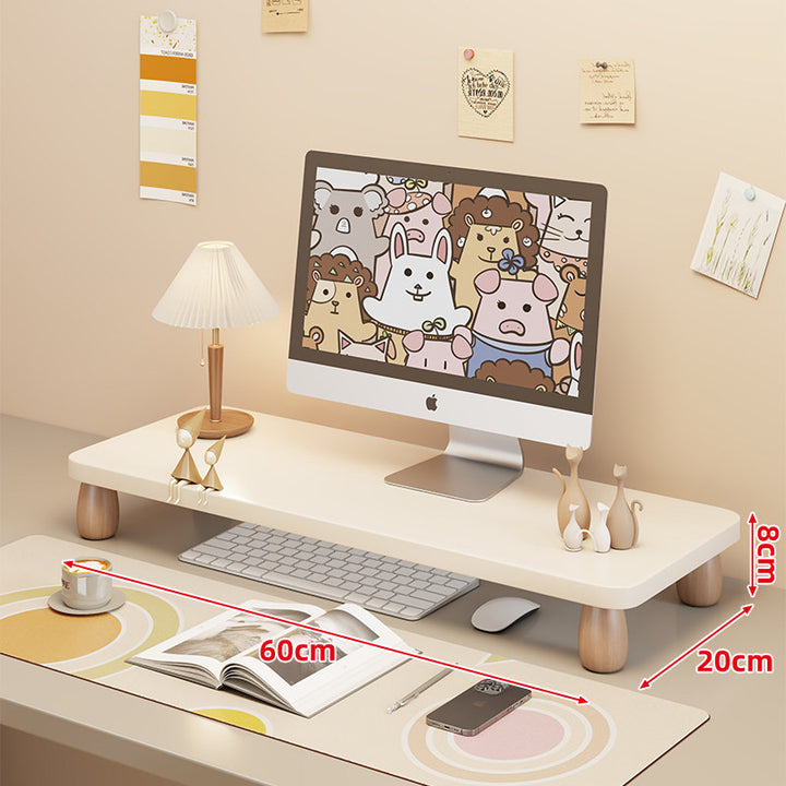 Low-Profile Ergonomic Wooden Desktop Monitor Lift with Under-Shelf Keyboard Storage