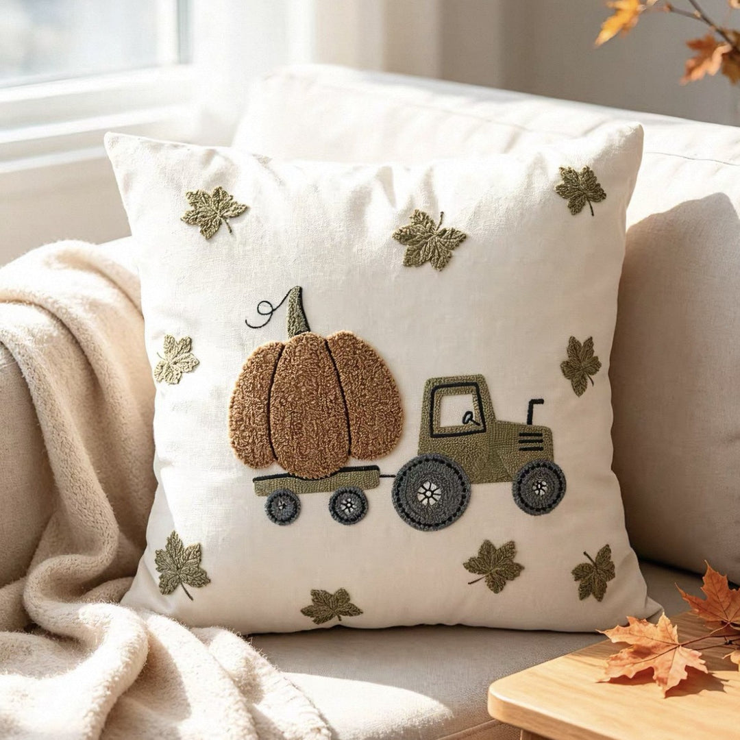Whimsical Pumpkin Truck Throw Pillow