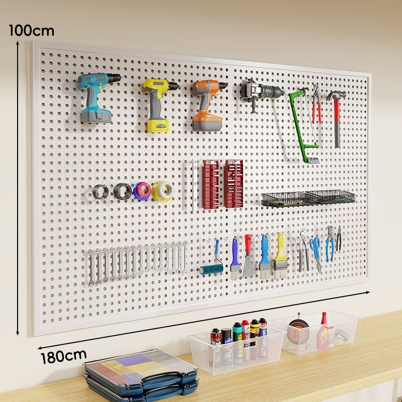 Wall-Mounted Perforated Metal Tool Pegboard Organizer Panel with Modular Hooks and Wire Baskets
