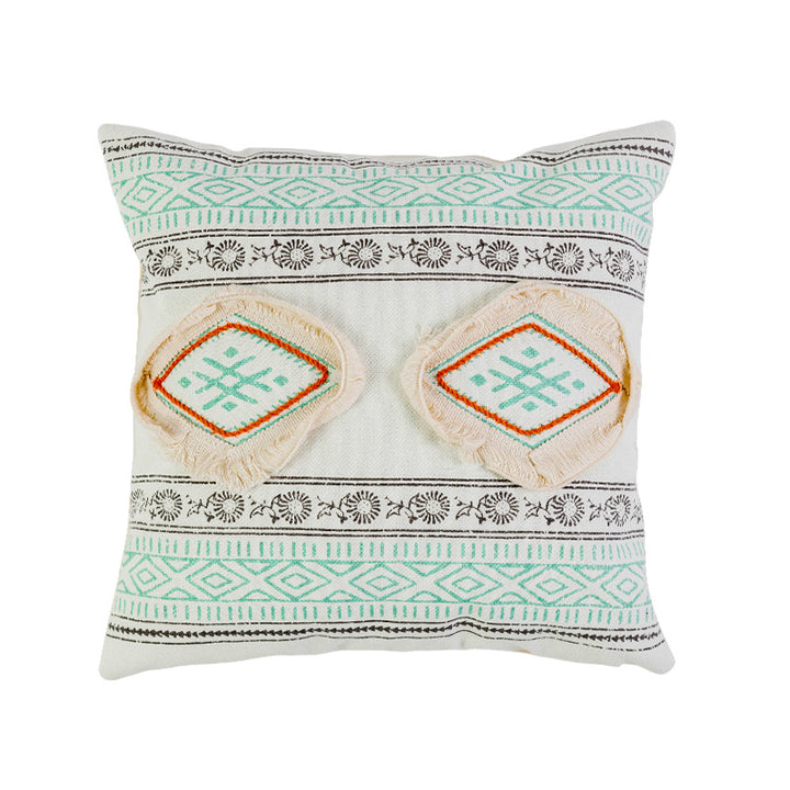 Square decorative pillow cover in Boho block print with braided tassels
