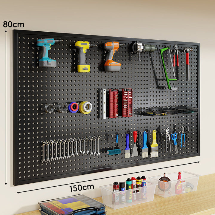 Wall-Mounted Perforated Metal Tool Pegboard Organizer Panel with Modular Hooks and Wire Baskets