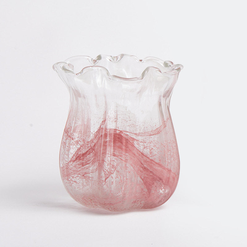 Handcrafted Iridescent Ribbed Tulip-Shaped Glass Vase