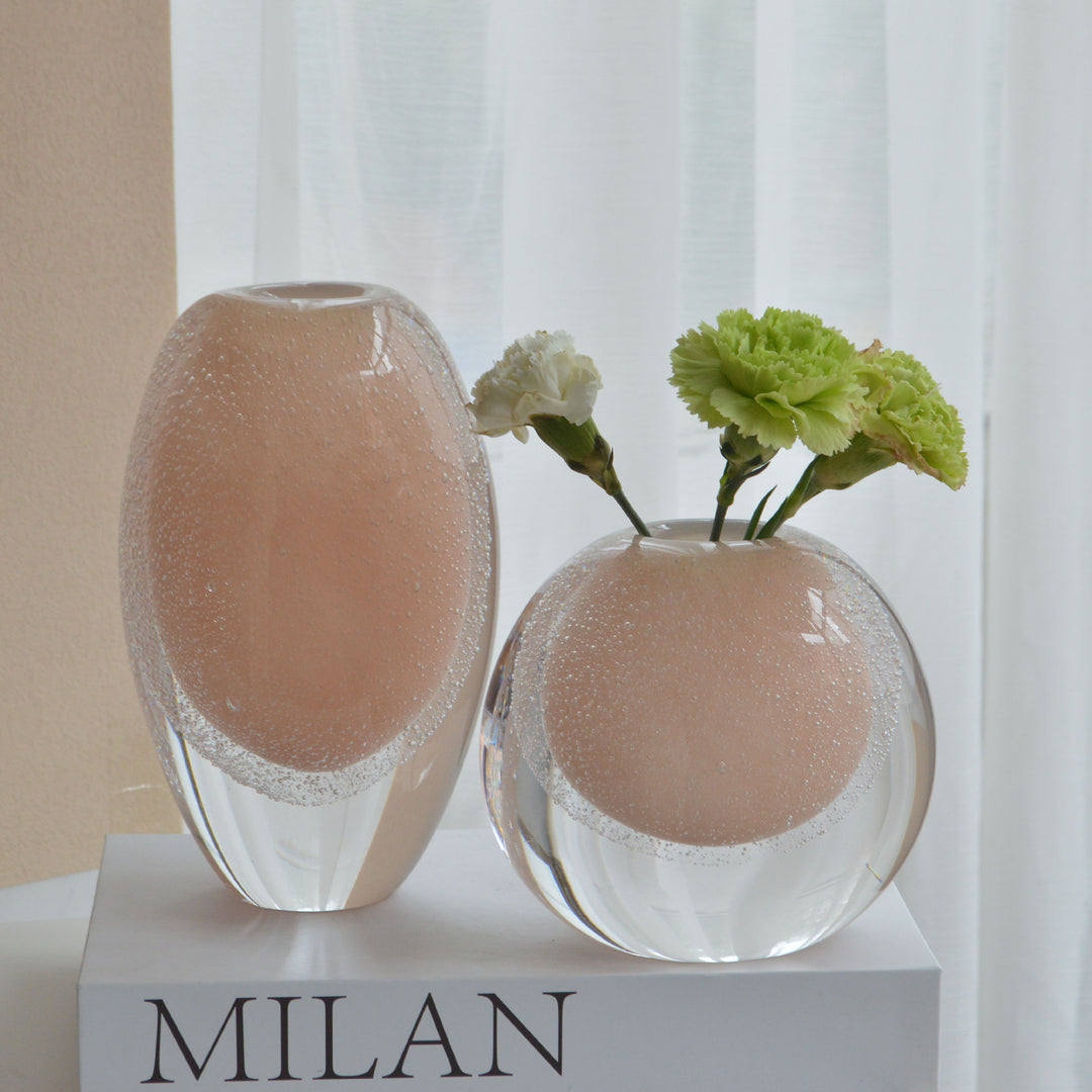 Hand-Blown Bubble-Encased Oval Decorative Glass Bud Vase Set
