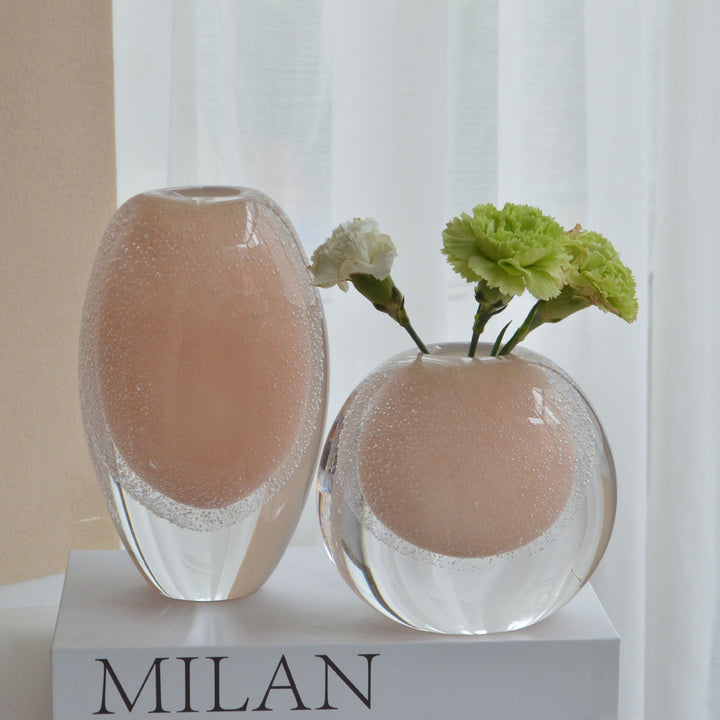 Hand-Blown Bubble-Encased Oval Decorative Glass Bud Vase Set