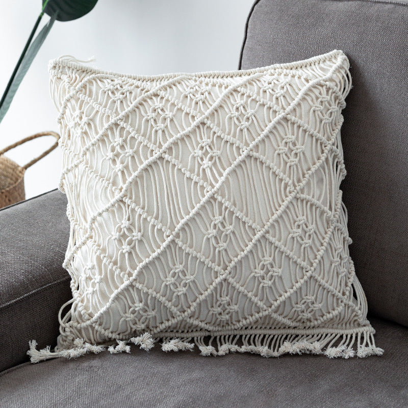 Round Macrame Decorative Pillow with Hand-Knotted Cotton Cover and Fringes