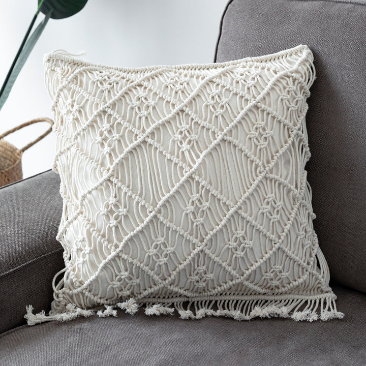 Round Macrame Decorative Pillow with Hand-Knotted Cotton Cover and Fringes