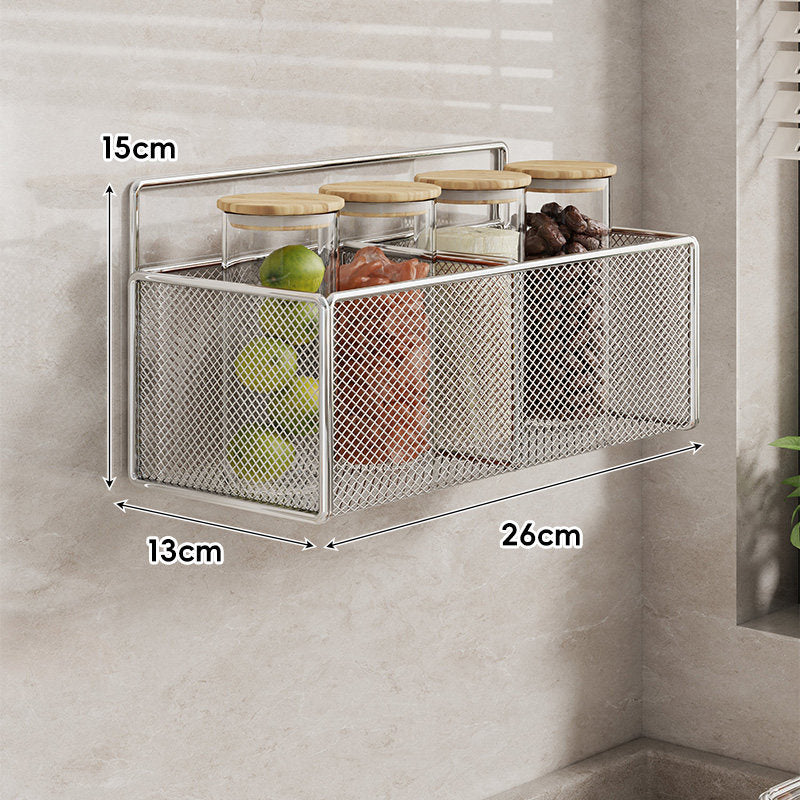 Wall-Mounted Mesh Multi-Purpose Kitchen Shelf with Hooks and Ventilated Basket