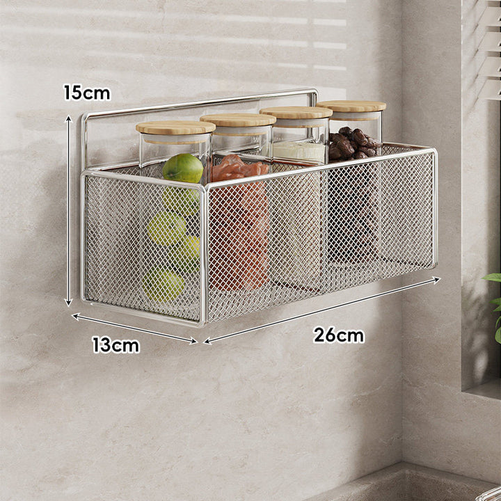 Wall-Mounted Mesh Multi-Purpose Kitchen Shelf with Hooks and Ventilated Basket