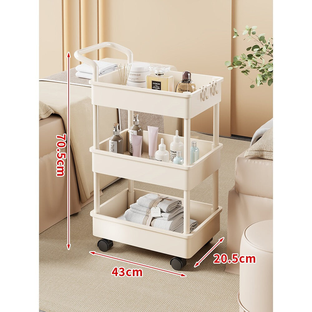 Compact Two-Tier Rolling Storage Cart with Integrated Handle and Accessory Hooks