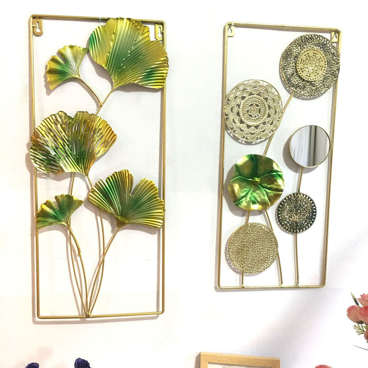 Decorative Metal Wall Art with Tropical Leaf and Mirror Design
