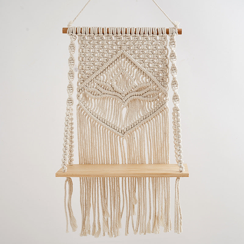 Macramé Hanging Shelf with Natural Wood Base
