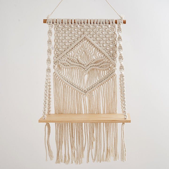 Macramé Hanging Shelf with Natural Wood Base