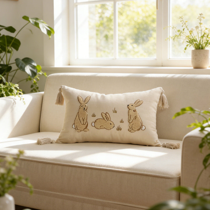 Embroidered Bunny Linen Blend Lumbar Throw Pillow with Tassel Corners