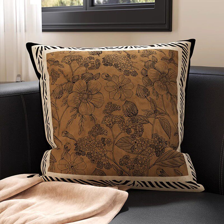 Botanical Sketch Velvet Square Throw Pillow Cover with Zebra-Trim Hidden Zipper