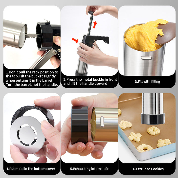 Cookie Press & Decorating Gun with Stainless Steel Cylinder Twelve Pattern Discs and Nine Icing Nozzles