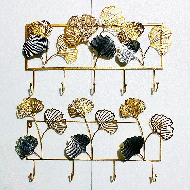 Decorative Metal Wall Hook Rack with Ginkgo Leaf Design