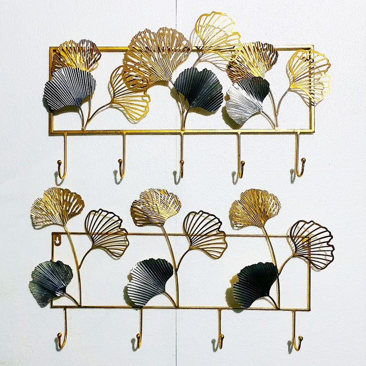 Decorative Metal Wall Hook Rack with Ginkgo Leaf Design