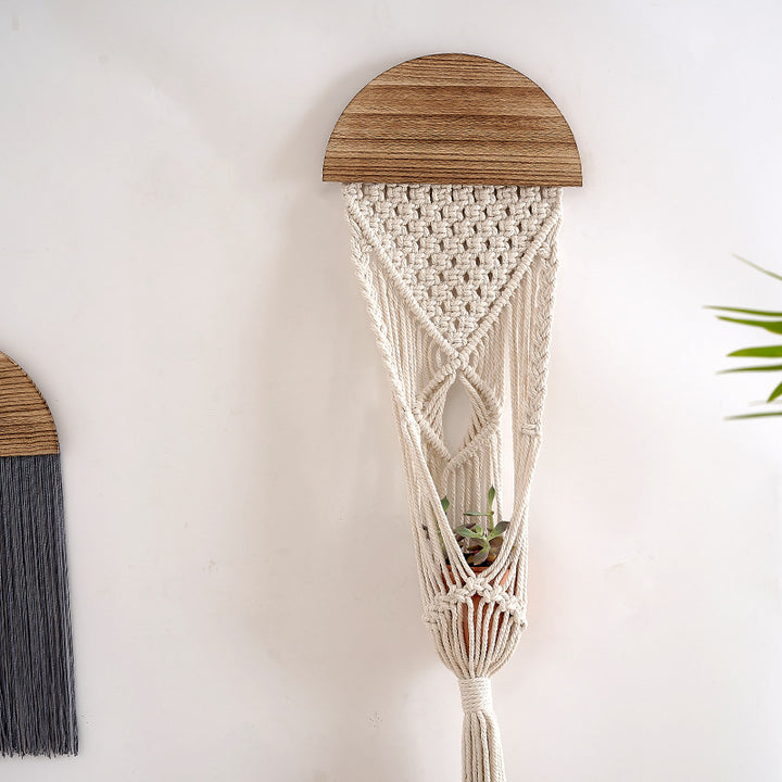 Decorative Macrame Wall Hanging with Wooden Accents