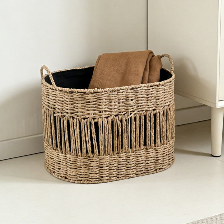 Decorative storage basket with fringes