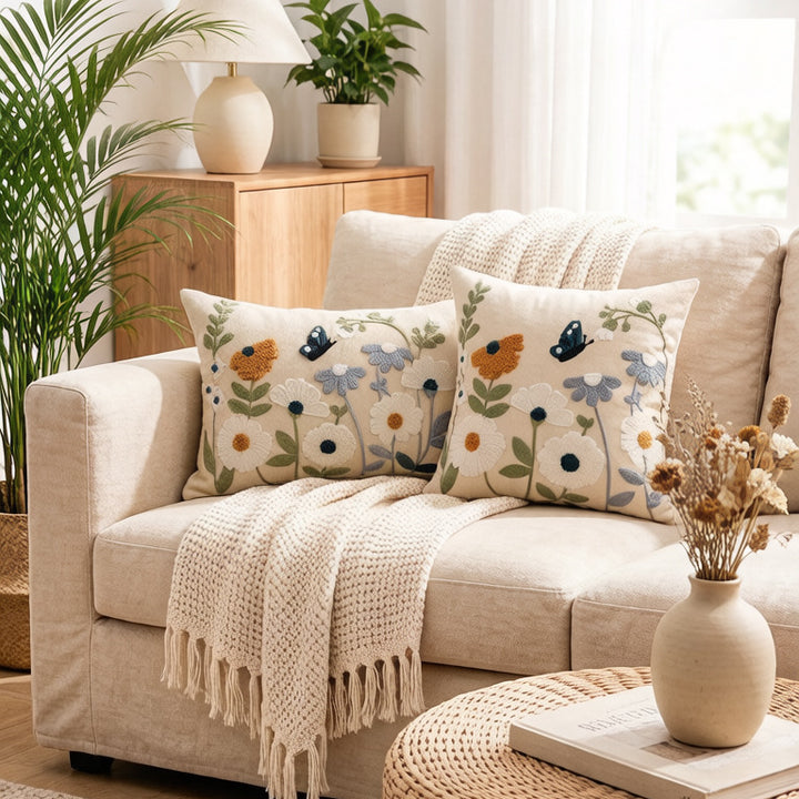 Embroidered Botanical Linen Decorative Pillow Cover with Textured Chenille Accents