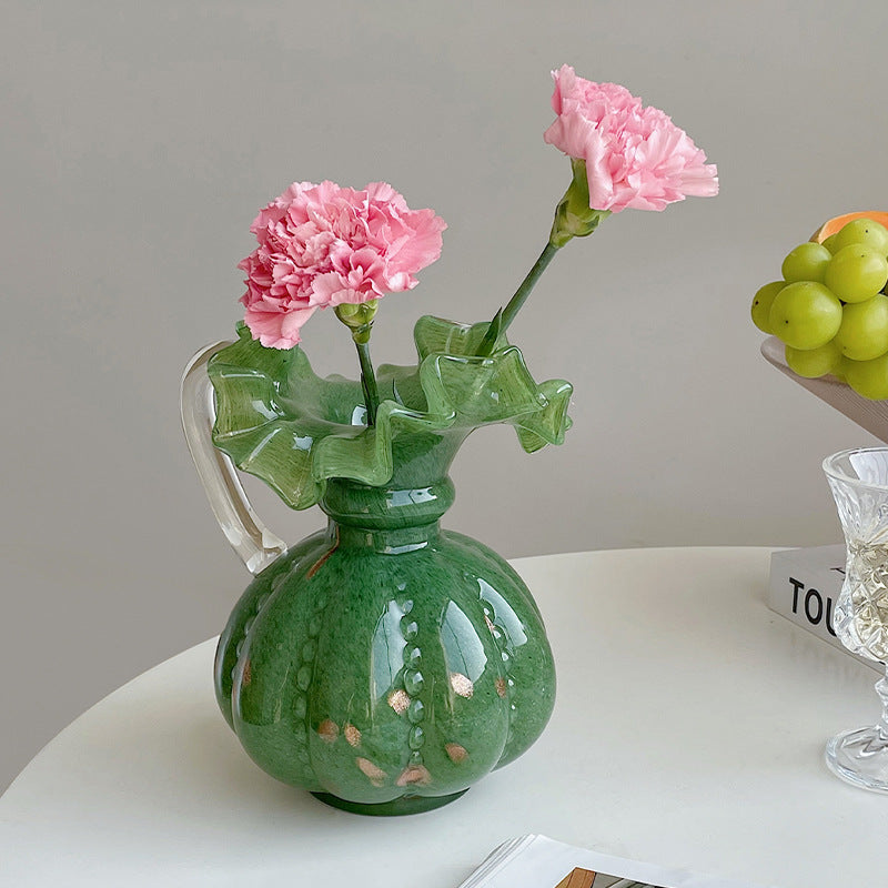 Artisanal Bulbous Milk-Glass Bud Vase with Frilled Neck & Speckled Inclusions