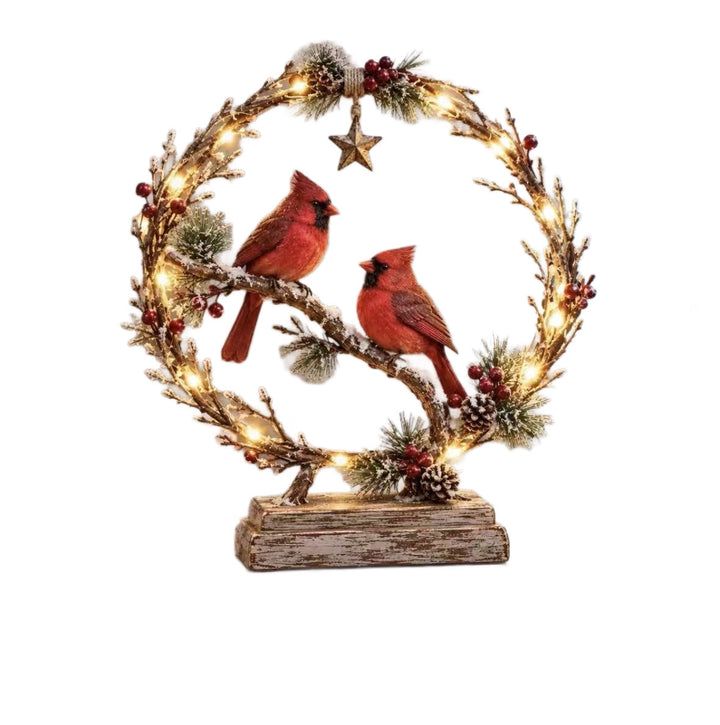 Decorative Christmas wreath with lights and birds