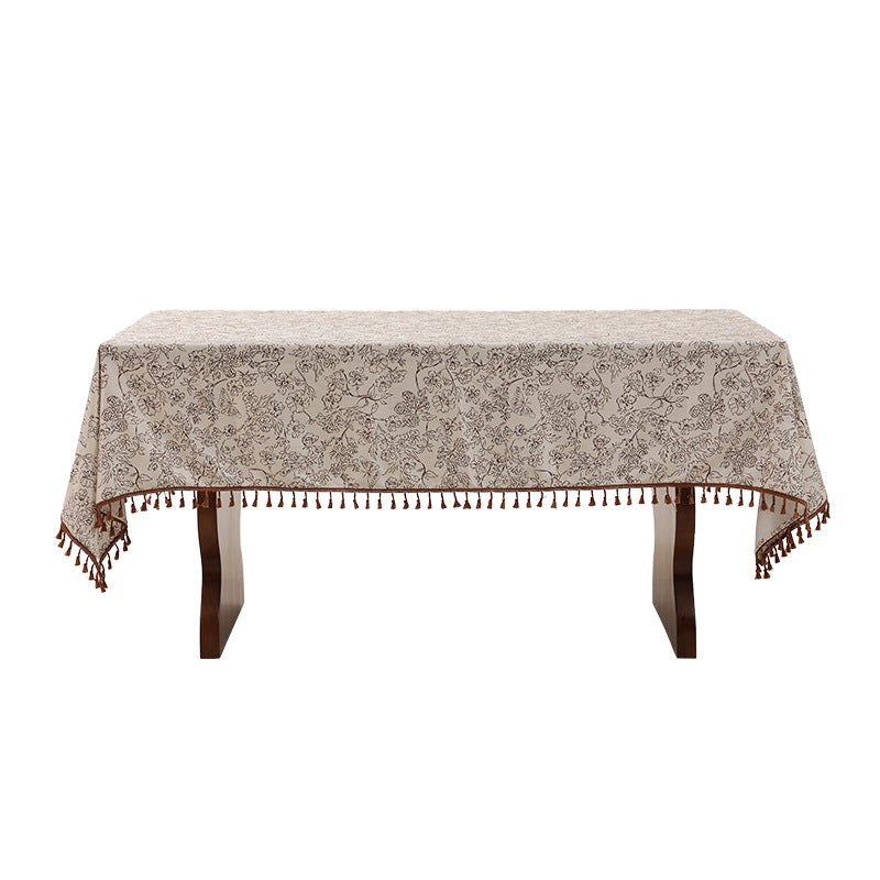 Tablecloth made of cotton blend fabric with floral jacquard look and tassel trim
