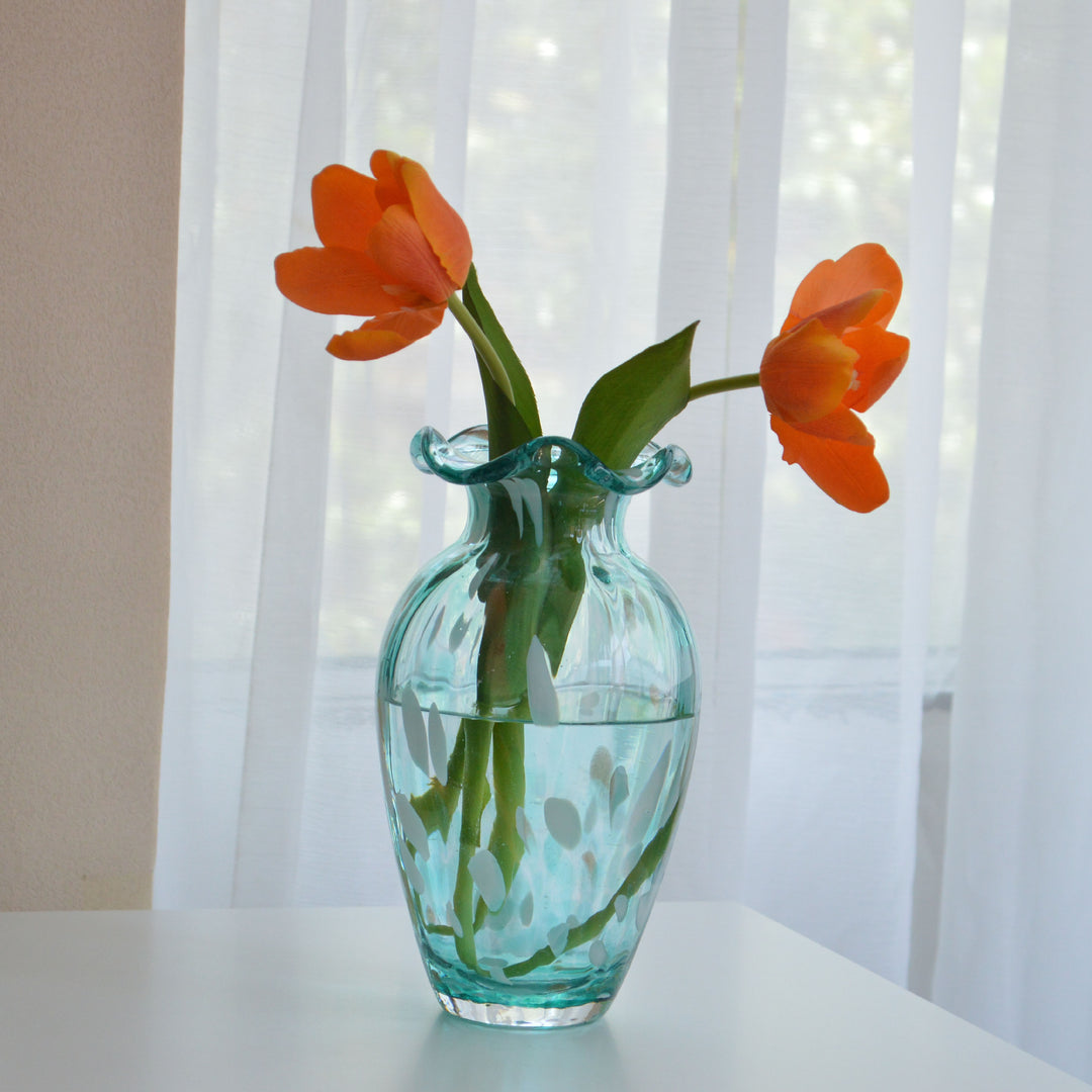 Handblown Ruffled-Lip Art Glass Bud Vase with Confetti Veil