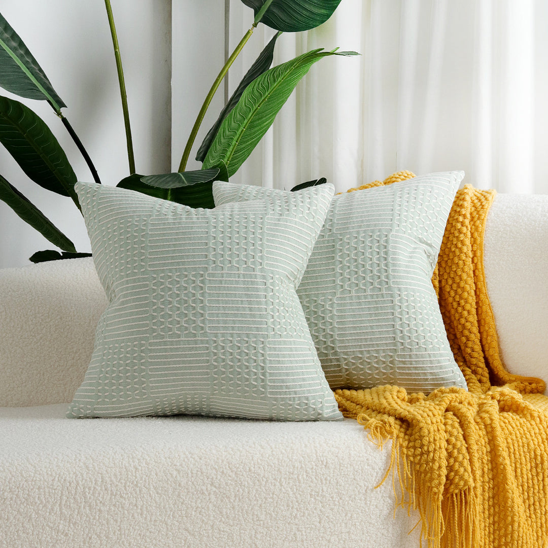 Decorative Square Textured Woven Geometric Throw Pillow Covers Set with Tufted Linear Appliqué