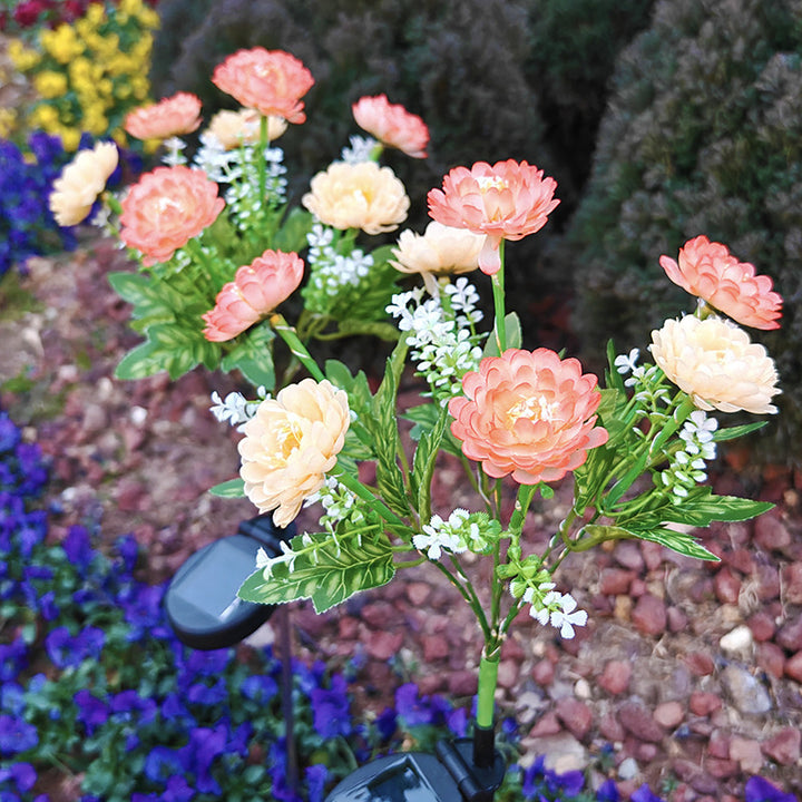 Solar-powered decorative garden stele with lifelike ranunculus bouquet