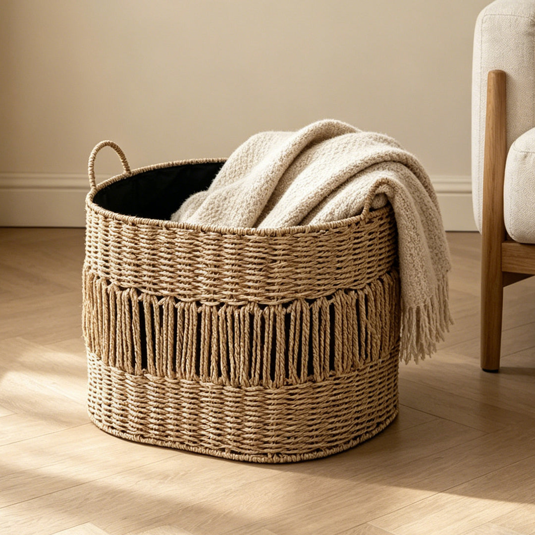 Storage basket with elegant fringe design