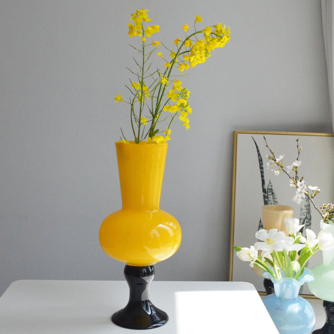 Contemporary Hand-Blown Bulbous Pedestal Glass Vase with Elongated Trumpet Neck