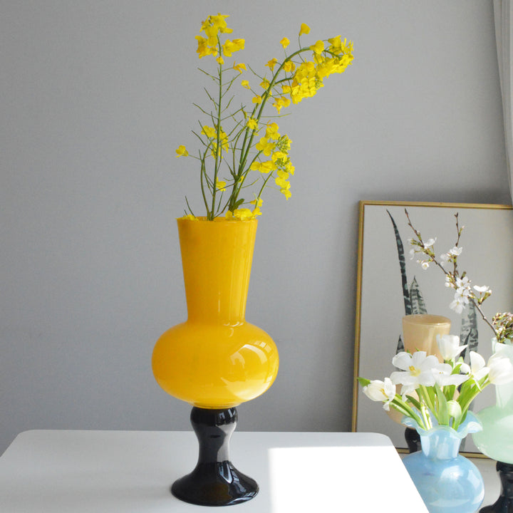 Contemporary Hand-Blown Bulbous Pedestal Glass Vase with Elongated Trumpet Neck