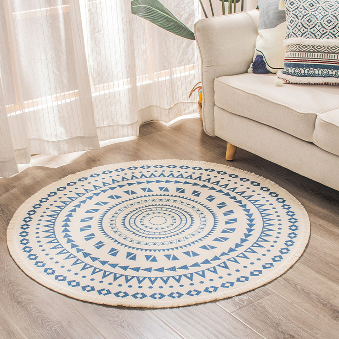 Beef Boho Cotton Rug with Mandala Print and Fringe Edge