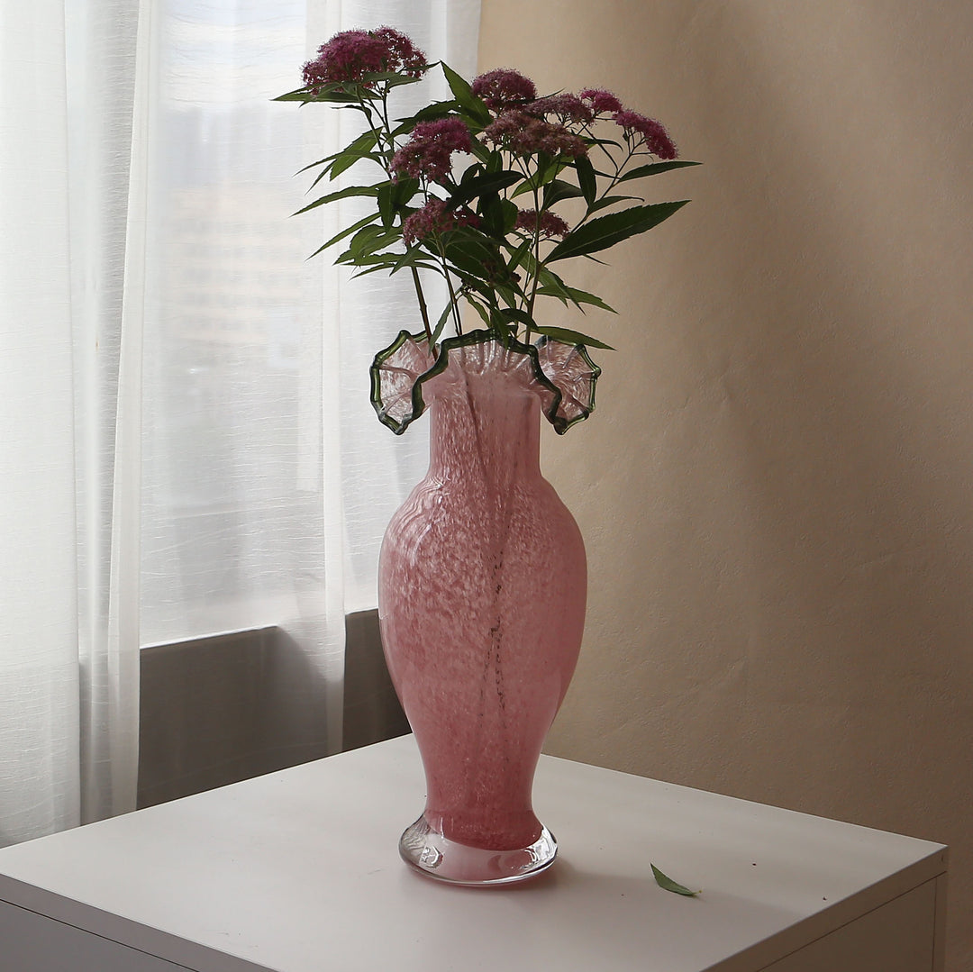 Hand-Blown Ruffled-Rim Tall Bulb Vase with Clear Weighted Foot