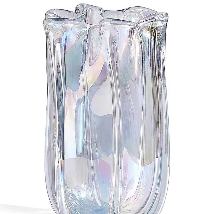 Iridescent Ribbed Hand-Blown Glass Tulip-Shaped Decorative Vase with Folded Rim