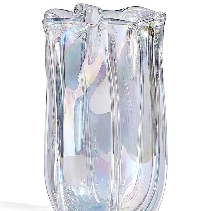 Iridescent Ribbed Hand-Blown Glass Tulip-Shaped Decorative Vase with Folded Rim