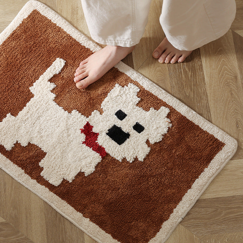 Bath mat with hand-tufted dog motif and slip-resistant latex backing