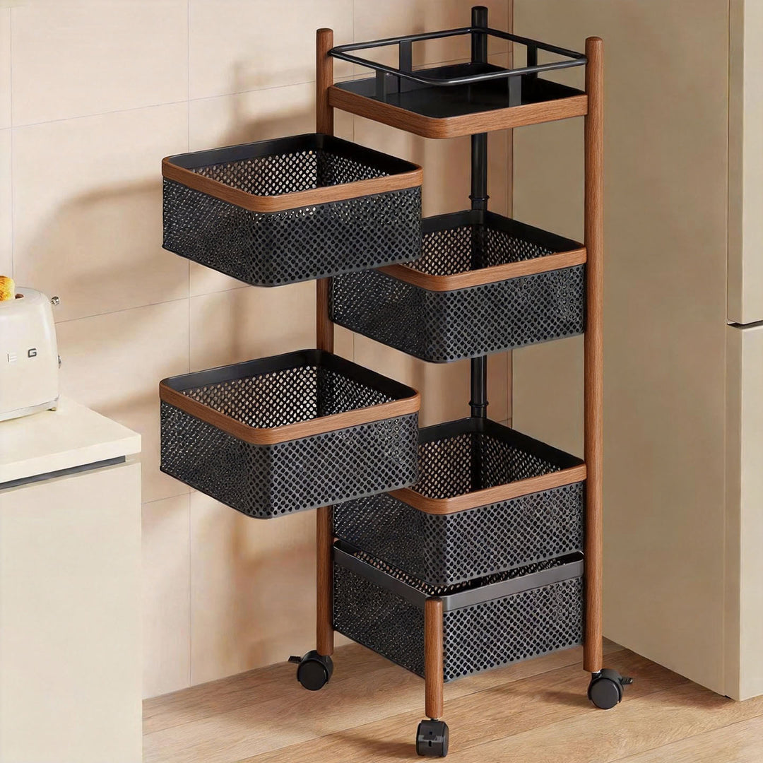 Narrow Corner Rolling Mesh Pantry Organizer Cart with Multi-Tier Deep Ventilated Baskets and Locking Casters