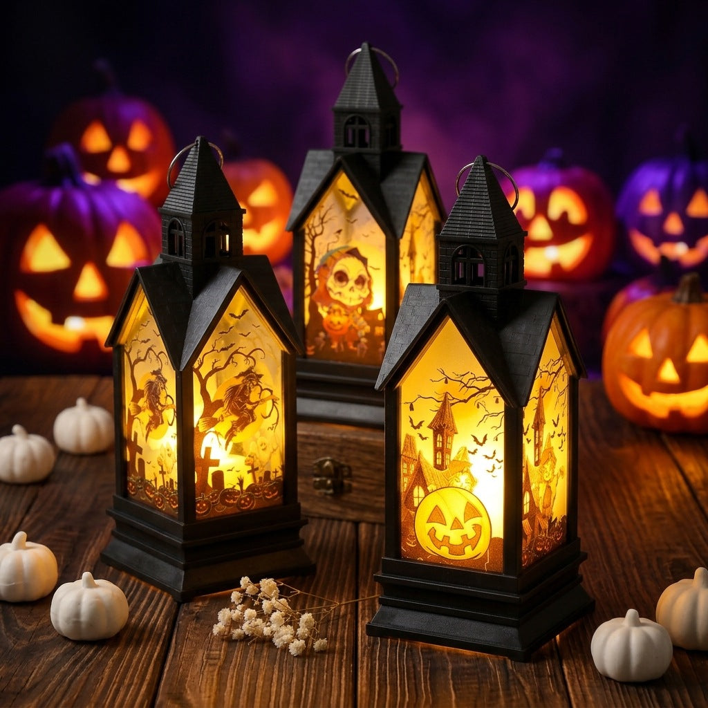 Halloween-themed LED Decorative Lantern with Silhouette Witch Pumpkin Ghost Scene
