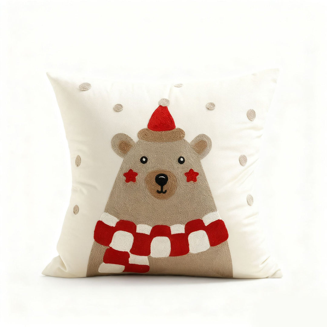 Festive Embroidered Bear Square Throw Pillow Cover